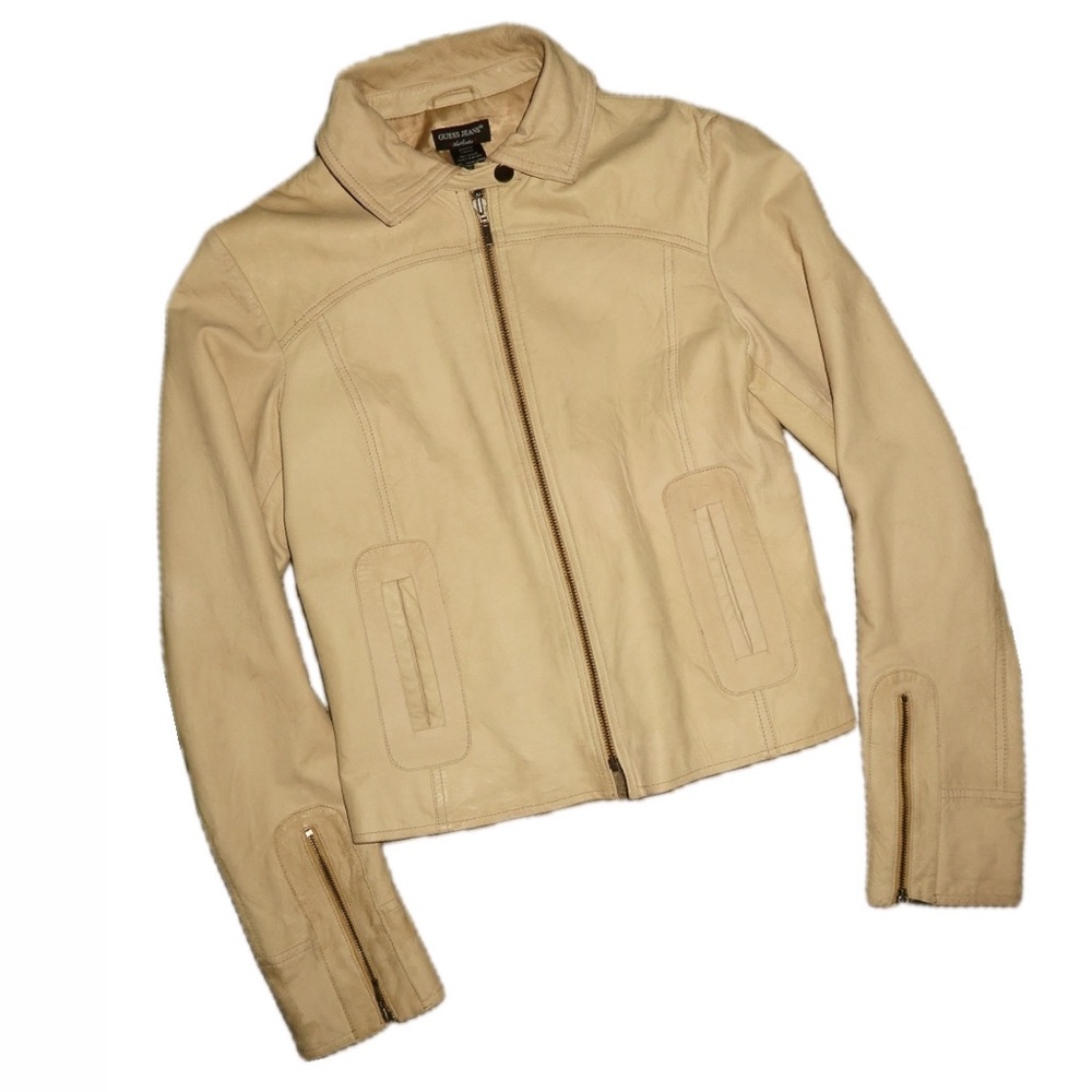 Vintage 90s tan guess jeans leather zip up jacket